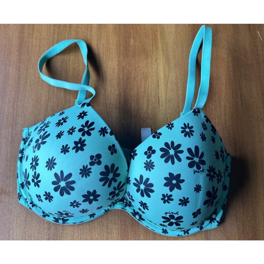 PINK Victoria's Secret Floral Push Up Bra 34DD Underwired Turquoise